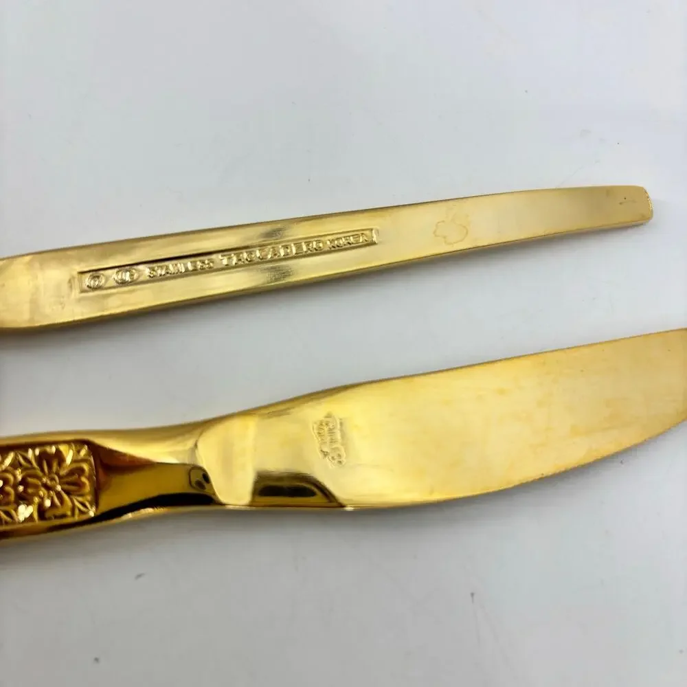 Vtg Thocadero Hollywood Gold Spoons Fork Dinner Knives Korea Stainless